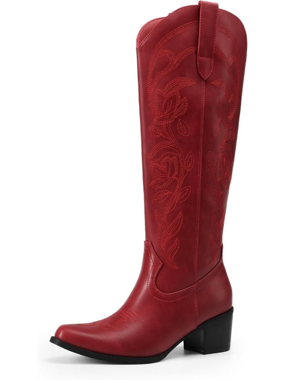Women's Red Cowgirl Knee High Boots Square Toe Western Embroidery Boots